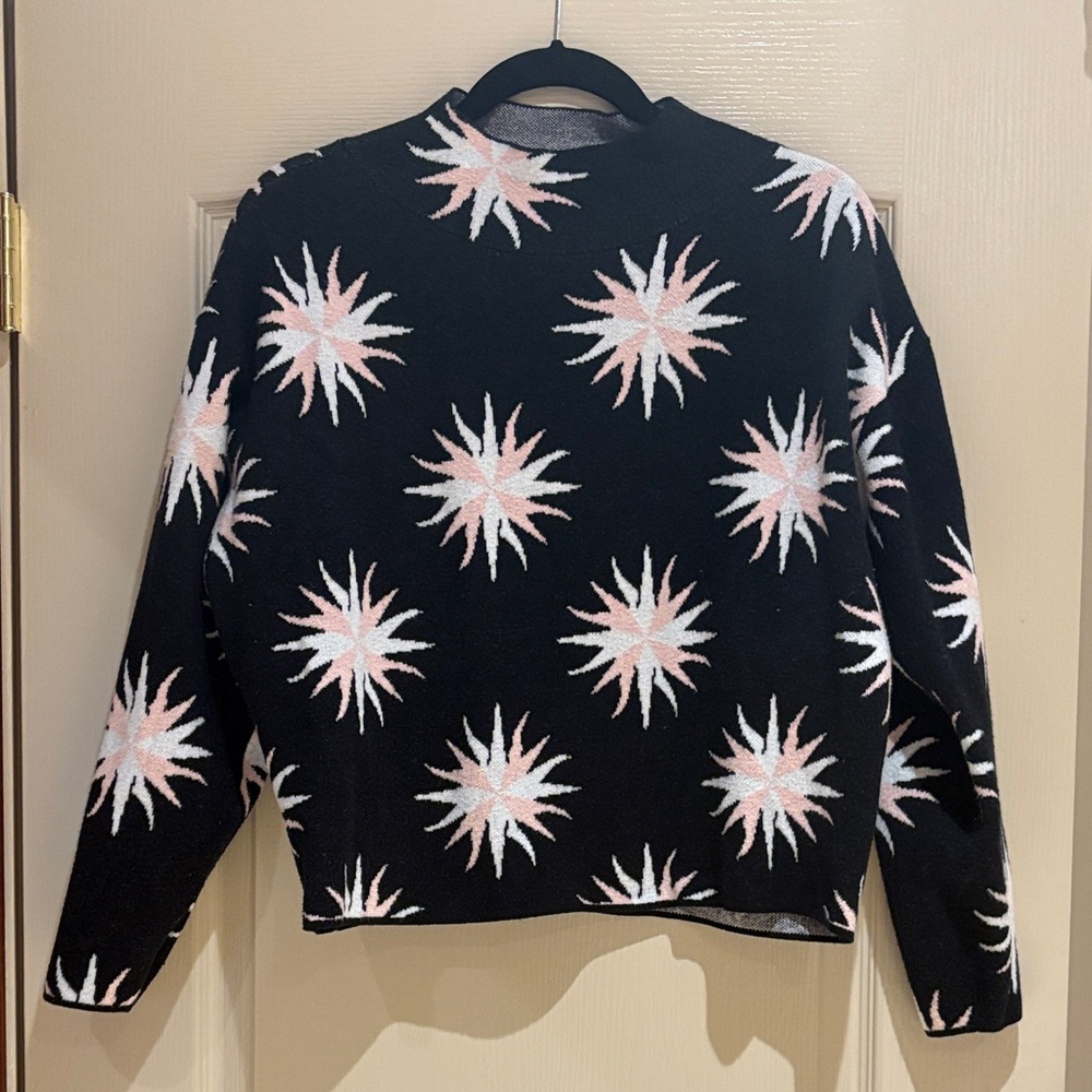 Maeve Black Sweater with Pink and White Pattern